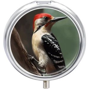 Specht pillendoos 3 compartimenten reispillenorganizer 3 keer per dag schattige mini-pillenetui voor portemonnee en zak draagbare metalen medicijndoos met spiegel ronde dagelijkse