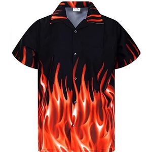 King Kameha Funky Hawaïhemd heren korte mouw voorzak stijl rock n roll vlammen wild unisex, Flames-design-oranje, XXL