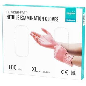 EUROPAPA® 100 x nitrilhandschoenen, roze box, wegwerphandschoenen, onderzoekshandschoenen, nitril handschoenen, poedervrij, zonder latex, niet-steriel, latexvrij, wegwerphandschoenen (XL, Roze)
