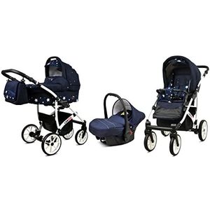 BabyLux Largo 3 in 1 Baby Reis Systeem Kinderwagen Autostoel Afneembare Regenhoes Voetenzak Dragende Wielen Pasgeborene tot Baby Navy Blue Star White Frame