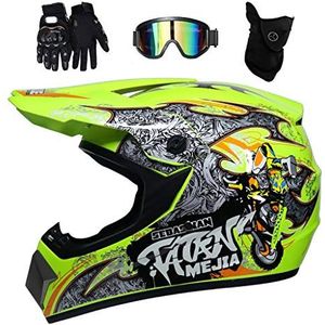 Volledige Gezicht MTB Motocross Helm Set, Jeugd Kind ATV Van de Weg Af Motor Botsing Helm, Bergafwaarts Enduro MX Quad Crossmotor Helm Beschermende Uitrusting, met Bril Handschoenen Maskers (Color :