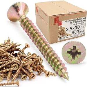 LUN FIX Universele schroef 3,5 x 30 mm - 500 stuks | kruiskop PZ2 | platte kop | houtschroeven | geel verzinkt | multifunctionele schroeven | kruiskopschroeven