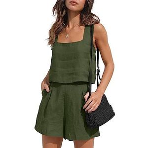 Women Two Piece Outfits Lounge Linen, Tank Top and Shorts, Summer Beach Vacation Clothes, Summer Loose Shorts with Pockets, Boho Streetwear, Linen Matching Sets,Army green,M