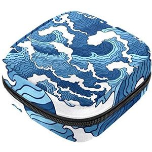Maandverband Opbergtas, Vrouwelijke Product Pouches Draagbare Periode Kit Tas voor Meisjes Vrouwen Dames Abstracte Golf Blauwe Print, Meerkleurig, 4.7x6.6x6.6 in/12x17x17 cm