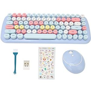 Draadloze Toetsenbordmuis, Compact Retro Schattig Toetsenbord met 84 Toetsen met Ronde Toetsen, 1600 DPI 2.4G USB Ergonomisch Toetsenbord voor Meisjes(snoep-lichtblauw gemengde