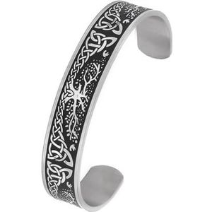 Yggdrasil Bangle Voor Mannen Vrouwen - Viking Roestvrij Staal Keltische Knoop Levensboom Open Manchet Armband - Noordse Verstelbare C-vorm Bangle Pagan Amulet Sieraden (Color : Silver)
