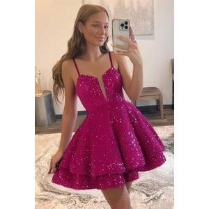 WSEYU Spaghetti Bandjes Homecoming Jurken Korte Sprankelende Pailletten Bruidsmeisje Afstuderen Cocktail Party Prom Gown ZM290, Diep Roze a, 32