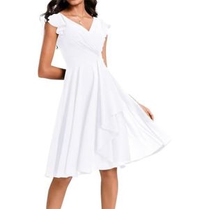 Korte bruidsmeisjesjurk voor dames, chiffon, V-hals, cocktailjurk, zakken, Wit, 32