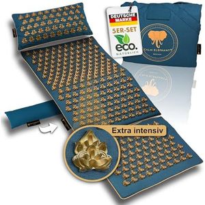 CALM ELEPHANT ORIGINAL® Acupressuurmat met kussen (warmtefunctie) XXL set EXTRA INTENSIF voor gevorderden - Mandala Pro, 5-delig, massagemat rug, spanning oplossen, acupunctuurmat, blauw