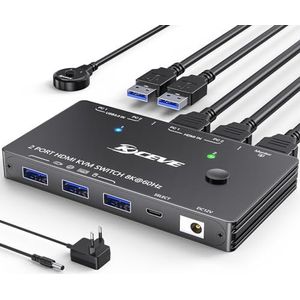 8K KVM switch HDMI 2poorts 8K@60Hz 4K@120Hz, HDMI 2.1, USB 3.0 HDMI KVM-switch voor 2 pc's Delen 1 monitor en 4 USB 3.0-apparaten, HDCP 2.3, HDR 10, met bekabelde afstandsbediening, 2 USB3.0-kabel