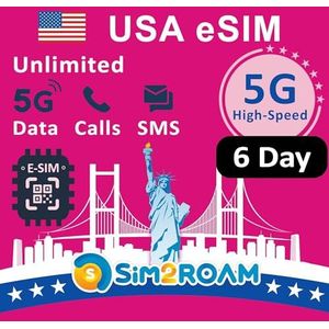 Amerikaanse prepaid eSIM-kaart|Onbeperkte 5G/4G-internetdata in de VS (inclusief Hawaii)+low-speed data in Canada en Mexico|Onbeperkt bellen en sms'en tussen de US, Canada en Mexicor(6 dagen)