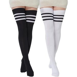 BABAHU Dames extra lange katoenen gestreepte dijhoge sokken over de knie hoge sokken, Z-Zwart-wit-02, Eén Maat