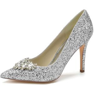 SYDZSW Bruiloftsschoenen Naald Hak Ivoor Glitter Bruidsschoenen Hoge Hakken Sandaal Bruidsband met Strass 35-43, Zilver, 43 EU