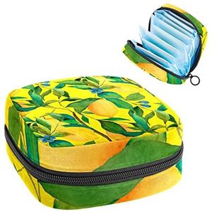 Opbergtas voor maandverband Pads, Menstruatie Cup Pouch, Periode Bag Organizer voor vrouwelijke Pads Tampons, Geel Fruit Citroen Groen Blad Blauw Bloemen