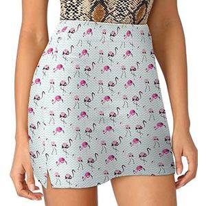 Paarse flamingo vogel blauwe golven vrouwen korts hoge taille tennisrok gelaagde korte minirok culottes korts met zakken XL