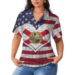 Amerika En Florida Vlag met Hart Vrouwen Sport Shirt Korte Mouw Tee Golf Shirts Tops Met Knopen Workout Blouses