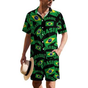 Vlag van Brazilië Hawaïaans pak voor heren, set van 2 stuks, strandoutfit, shirt en korte broek, bijpassende set