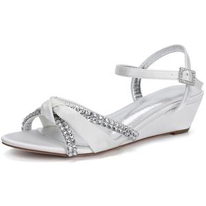 KYEGLO Dames Bruidsschoenen Met Ronde Neus Van Satijn Met Strass-Steentjes En Open Teen Sandalen Met Enkelbandje - Zomerjurk & Bruidsschoenen,ivoor,36