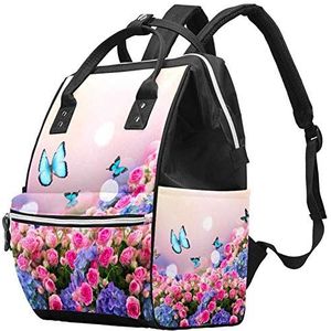 Multifunctionele grote baby luiertas rugzak,roze rozen en blauwe Hortensia bloemen en vlinders patroon luiertas reizen rugzak voor mama en papa