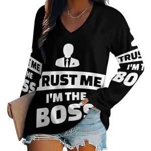Trust Me I'm The Boss Damesshirt met V-hals en lange mouwen, casual losse pasvorm blouses