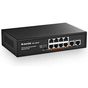 MokerLink 10-poorts PoE-switch, 8 PoE+ 100 Mbps, 2 Gigabit uplinks, 96 W 802.3af/at, Plug & Play Ethernet-schakelaar zonder ventilator