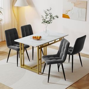 120 x 70 cm gouden eettafel met 4 eetkamerstoelen, moderne keukentafelset, linnen eetkamerstoelen, gouden ijzeren been-eettafel (donkergrijs)