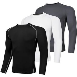 AMZSPORT Compressieshirt voor heren, verpakking van 3 stuks, thermo-shirt met lange mouwen, fitnessstudio, compressieshirt, wielrennen, hardlopen, sport, Zwart Wit Grijs, M