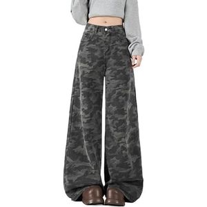 QUYBSGWJ Dames Rechte Wijde Pijpen Hoge Taille Streetwear Camouflage Casual Jeans Met Zakken,zwart,XL