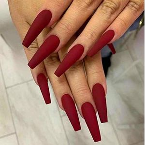 Coffin False Nails Long Fake Nails Ballerina Acrylic Press on Nails Pure Color Stick on Nails 24pcs for Women and Girls(Dark Red)