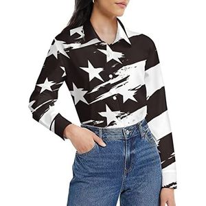 Amerikaanse Amerikaanse vlag zwart-wit damesshirt lange mouwen button down blouse casual werk shirts tops XL