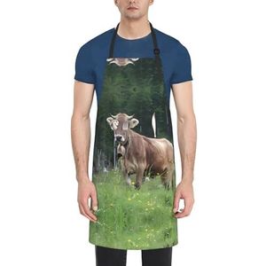 ZhaoYuGoods Rode en witte stippenschorten met zakken voor dames en heren, stijlvolle kookschorten voor keuken, tuinieren, salon, ideale print schort, Echte Zwitserse Koe Bruin, Eén maat