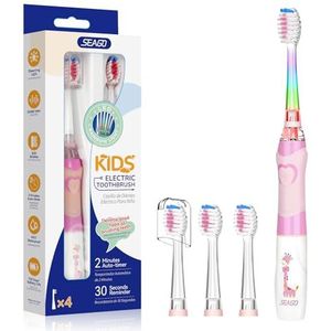 SEAGO SG-977 Elektrische Tandenborstel voor Kinderen vanaf 3 tot 12 Jaar met Gekleurd Licht Intelligente Timer 4 Zachte Borstelkoppen Kindertandenborstels Elektrisch voor Meisjes en Jongens (Roze)