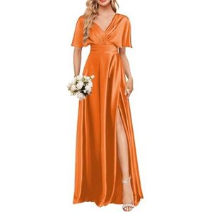 Satijnen Galajurken voor Vrouwen Zeemeermin Formele Avondbaljurken met spleet Ceremonie Jurken Plus Size, Oranje, 32
