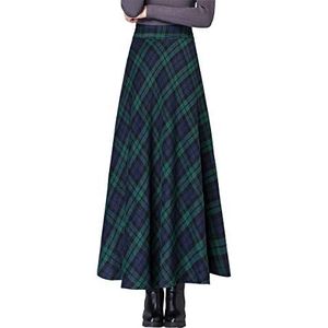 BiilyLi Vrouwen Winter Wollen Maxi Rok Elegante Plaid Warm Gestreepte Hoge Taille Casual Party A-lijn Elastische Taille Lange Rok, Groen, S