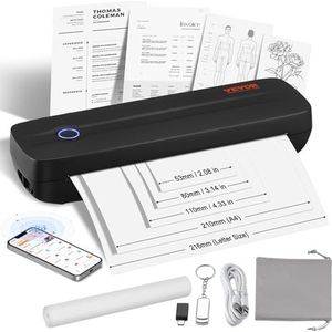 VEVOR Mobiele printer, draagbare thermische printer, zonder inkt, bluetooth, thermisch papier, A4, A5, compatibel met iOS/Android/laptop, 300 dpi, reisprinter, thuis, zwart