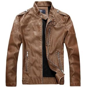 Noord-Europa Heren Motor Leren Jack, Moderne en Coole Fietsjacks, Herfst Warm Heren Rits Shirt(Brown,L)