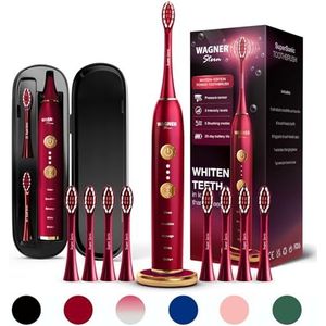 Wagner & Stern WHITEN+ Edition. Slimme elektrische tandenborstel met druksensor, 5 poetsmodi en 3 intensiteitsniveaus, 8 zachte nrush-hoofden, premium reiskoffer. (Ruby Red)
