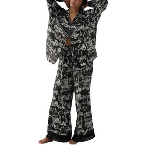 Dames Zomer Klassieke Knoopjes Lange Satijnen Zijden Pyjama Set(Black,Large)