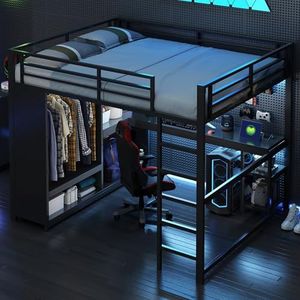 TOBIDOEN Hoogslaper, 140 x 200 cm, metalen bedframe met planken en opbergtrap, ruimte onder het bed voor werk of vrije tijd, valbescherming voor jongeren en kinderen (wit, zonder matras