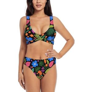 Zelinge Leuke Wrap Front Bikini Top en Hoge Taille Bottom Zomer Badpak Twist Front Badpak S-2XL, Kleurrijke Bloemen Bladeren Donker, M