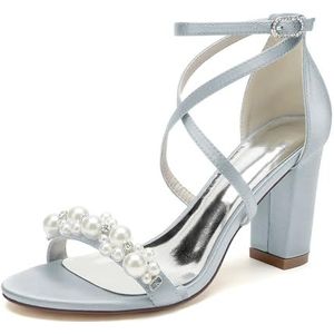 GHSIRUEU Dames Sandalen met Witte Hak en Parel Decoratie Enkelbandje Open Teen Elegante Zomer Avond Bruiloft Party Schoenen,Zilver,36 EU