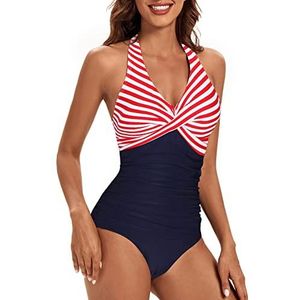 Viloree Badpakken Badmode Zwemmen Kostuum voor Vrouwen V-hals Een Stuk Buikcontrole, Rode streep, S