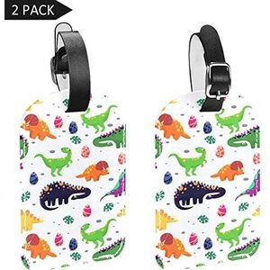 PU lederen bagagelabels naam ID-labels voor reistas bagage koffer met rug Privacy Cover 2 Pack,Platte dinosaurus schattig patroon