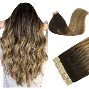 DOORES Tape-extensies, echt haar, donkerbruin tot kastanjebruin en dirty blonde, highlights 50 cm, 50 g, 20 stuks, steil haar, Remy-haartape