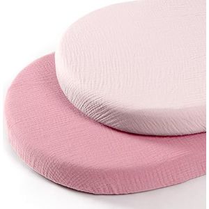 Set van 2 mousseline katoenen hoeslaken: Kinderwagen bedlaken wieg matrashoes voor babybed en bijzetbed 90x40 cm (roze anjer)
