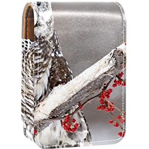 Lipgloss Houder Lipstick Case Draagbare Mini Lipstick Opbergdoos Reizen Lipstick Organizer Case met Spiegel voor Vrouwen Pruimenbloesem Uil op Rode Bloem Boom Tak, Meerkleurig, 9.5x2x7 cm/3.7x0.8x2.7 in