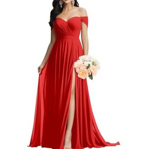 Sweetheart bruidsmeisjesjurk voor vrouwen ruches chiffon off-shoulder mouwloze hoge taille bruiloft feestjurk, Rood, 58