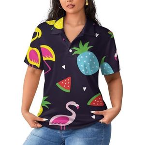 Kleurrijke Flamingo En Watermeloen Vrouwen Sport Shirt Korte Mouw Tee Golf Shirts Tops Met Knoppen Workout Blouses
