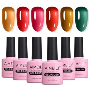 AIMEILI Jelly Crystal UV Gel Nagellak Set Bourgogne Wijn Rood Bruin Geel Oranje Groen 6 Kleuren Translucent Nail Polish 10ML