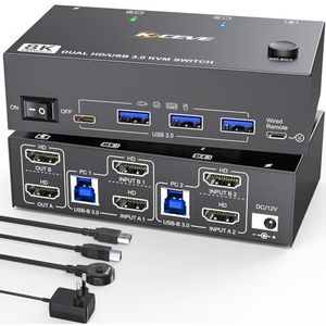 8K HDMI KVM-switch 2 computers 2 monitoren 4K@120Hz, HDMI2.1 Dual Monitor KVM-switch Uitgebreid display voor 2 pc's Delen 2 monitoren en 4 USB 3.0-hub, met bekabelde afstandsbediening, stroomadapter